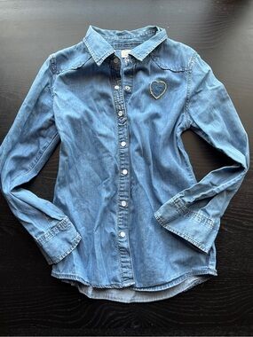 Dreampop Girls' Blue Denim Long Sleeve Button-Up Shirt with Heart Patch